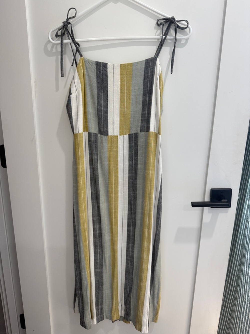 RVCA Striped Tie-Shoulder Midi Dress in Yellow, Gray & White